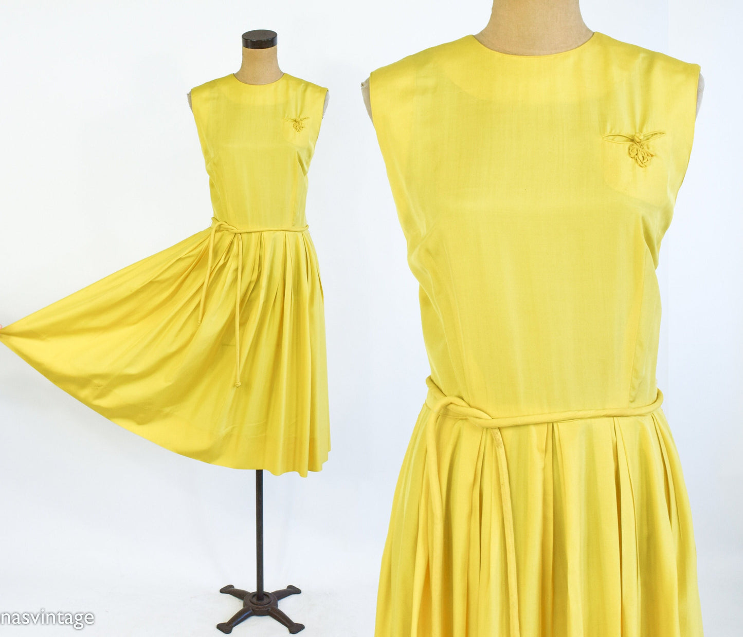 1950s Yellow Silk Dress | 50s Yellow Silk Sleeveless Dress | Small