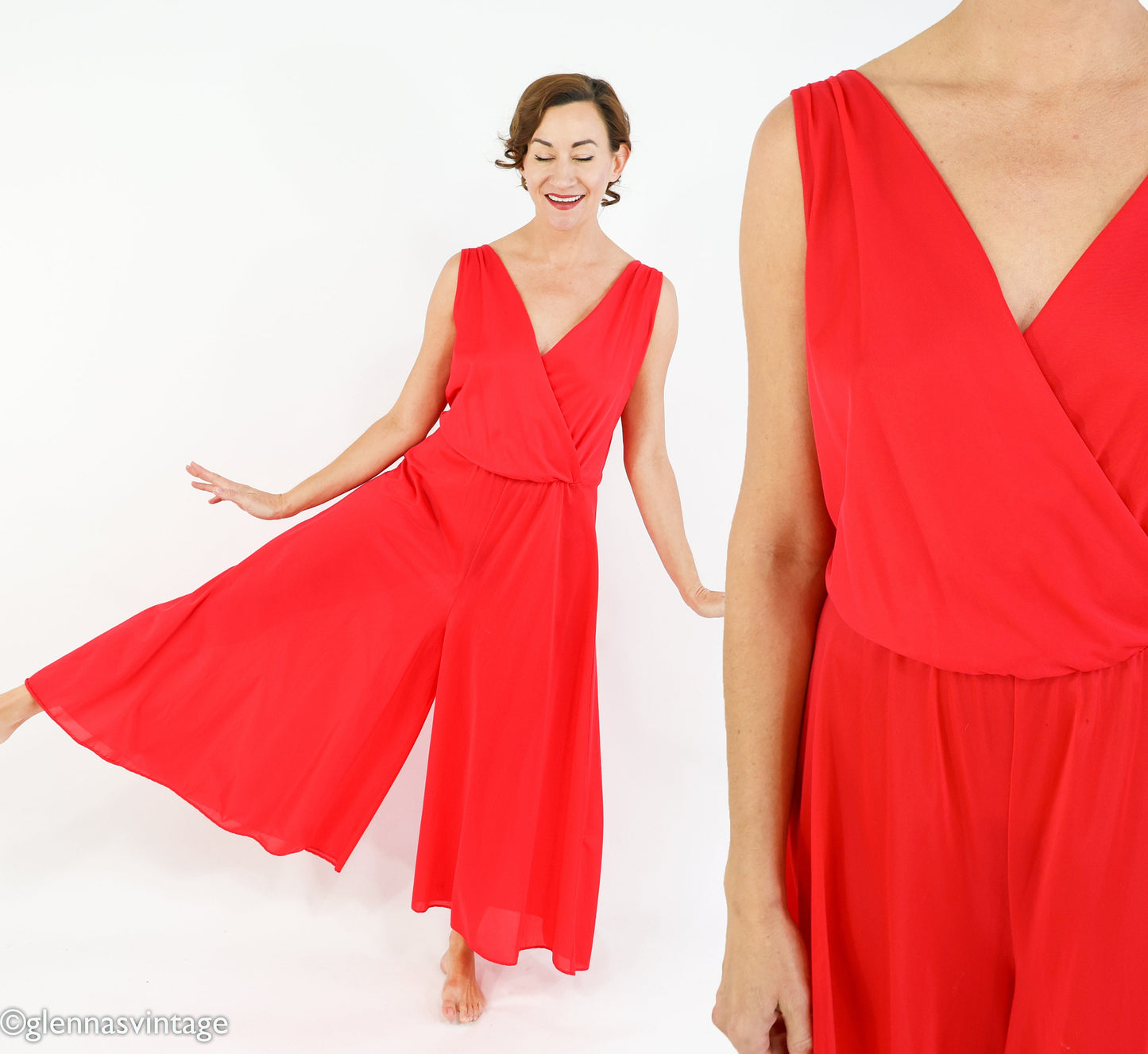 1970s Red Nylon Jumpsuit | 70s Red Loungewear | Jer Marai | Medium