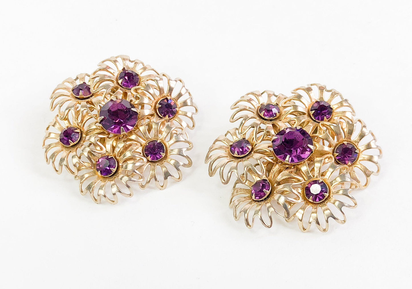 1960s Purple Rhinestone Flower Earrings | 60s Gold & Purple Flower Cluster Clips