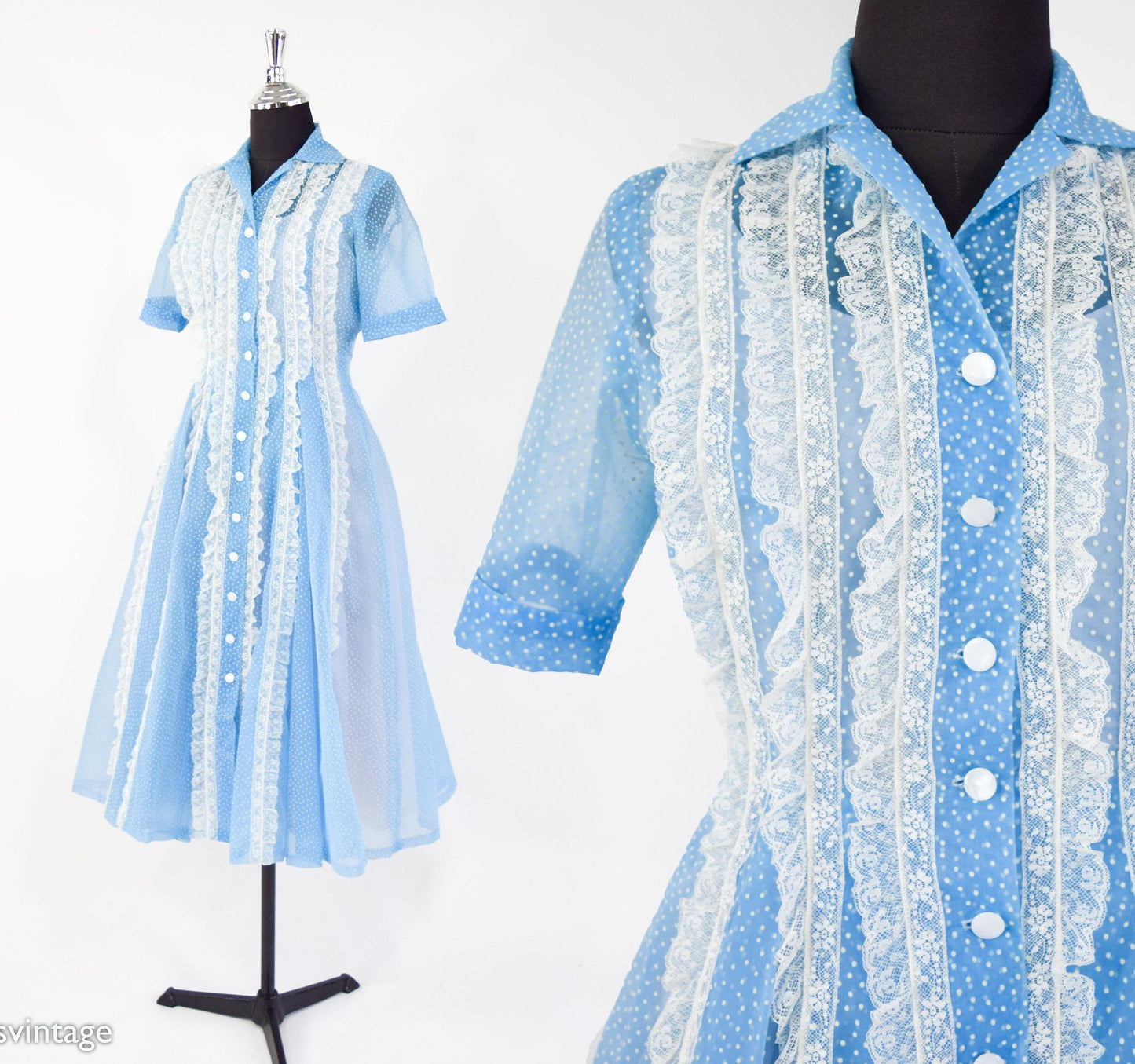 1950s Blue Dotted Swiss Dress with White Lace Trim, Small