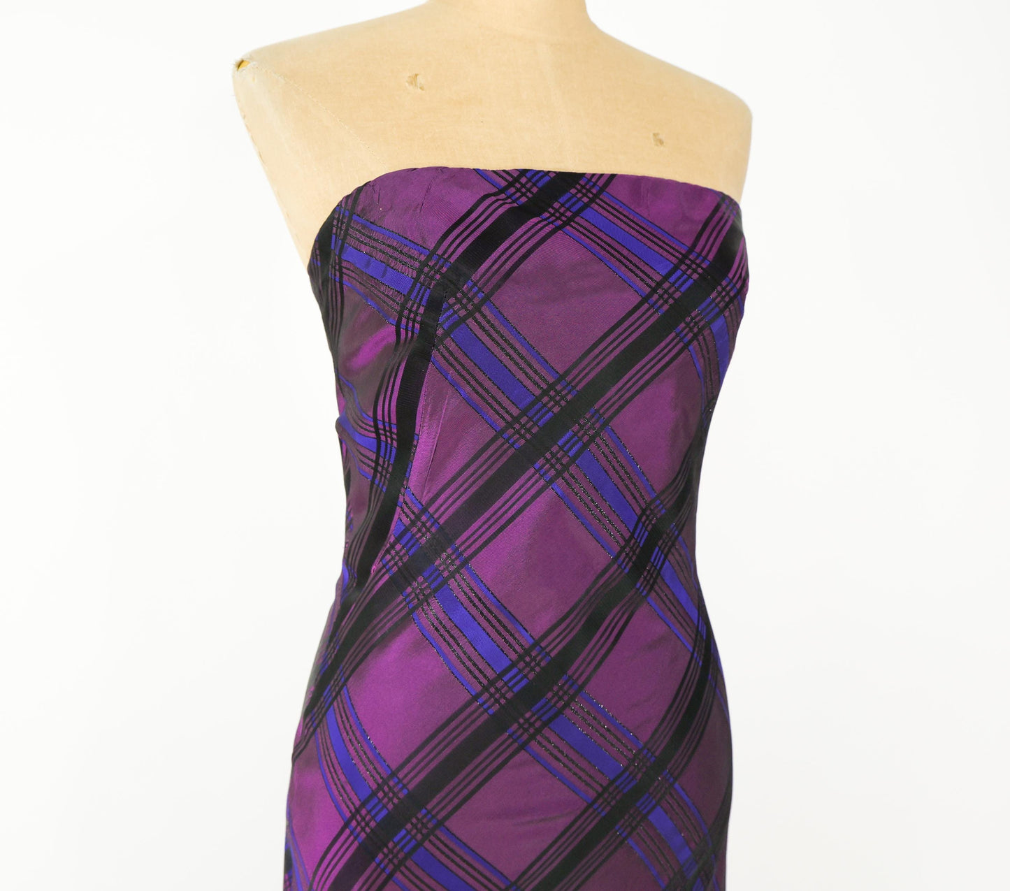 1990s Purple Plaid Taffeta Strapless Dress, Small