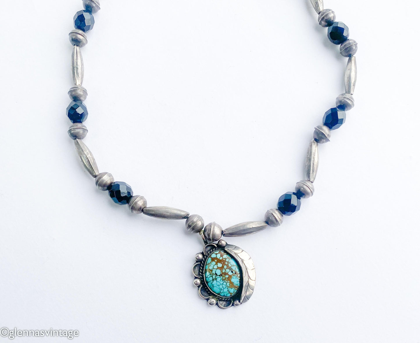 1940s Turquoise Pendant Necklace | Vintage Sterling Silver, Black Glass Beads