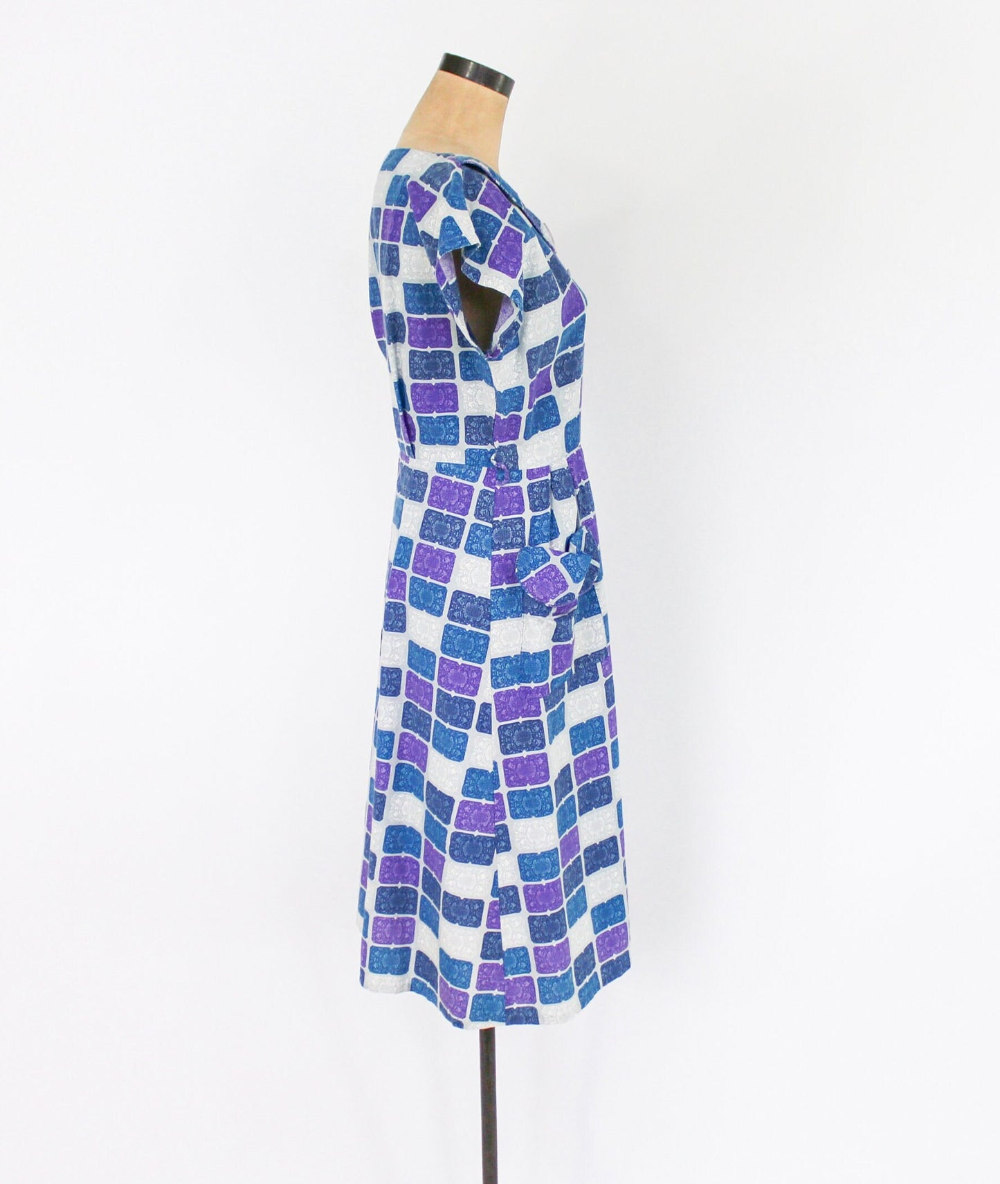 1950s Blue Purple Print Cotton Day Dress Rockabilly, Large