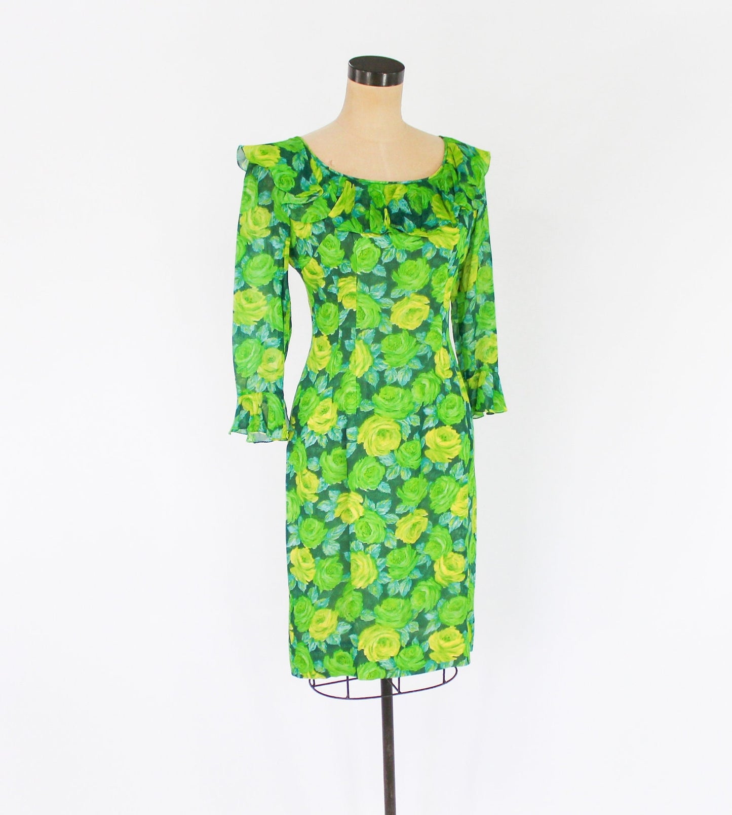 1950s Lime Green Rose Print Chiffon Dress by Elinor Gay, Medium
