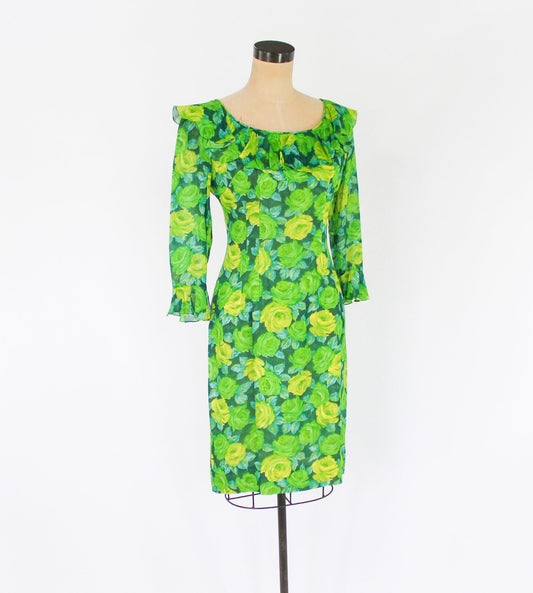 1950s Lime Green Rose Print Chiffon Dress by Elinor Gay, Medium