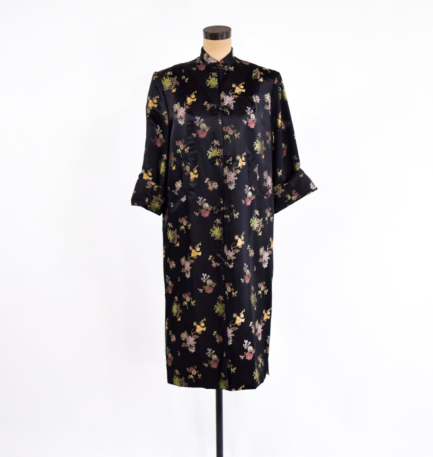 1950s Black Silk Asian Coat | 50s Black Floral Asian Coat | Peony | Medium