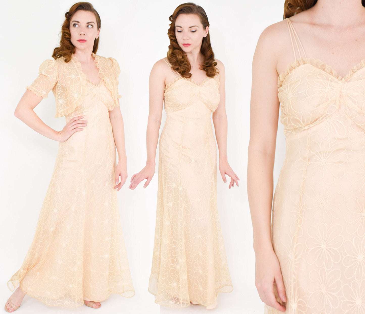 1930s Beige Tambour Lace Evening Dress & Bolero, Old Hollywood Style Wedding, Small