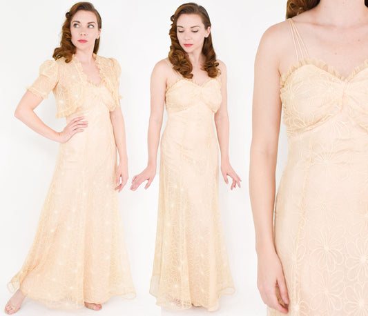 1930s Beige Tambour Lace Evening Dress & Bolero, Old Hollywood Style Wedding, Small