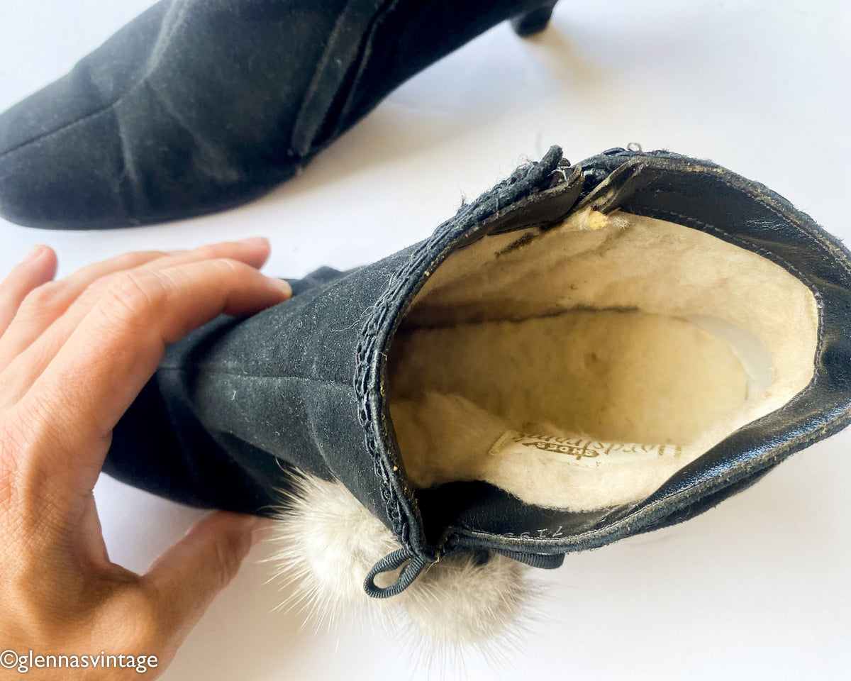 1950s Black Suede Booties with Mink Fur Pom Poms, Size 6