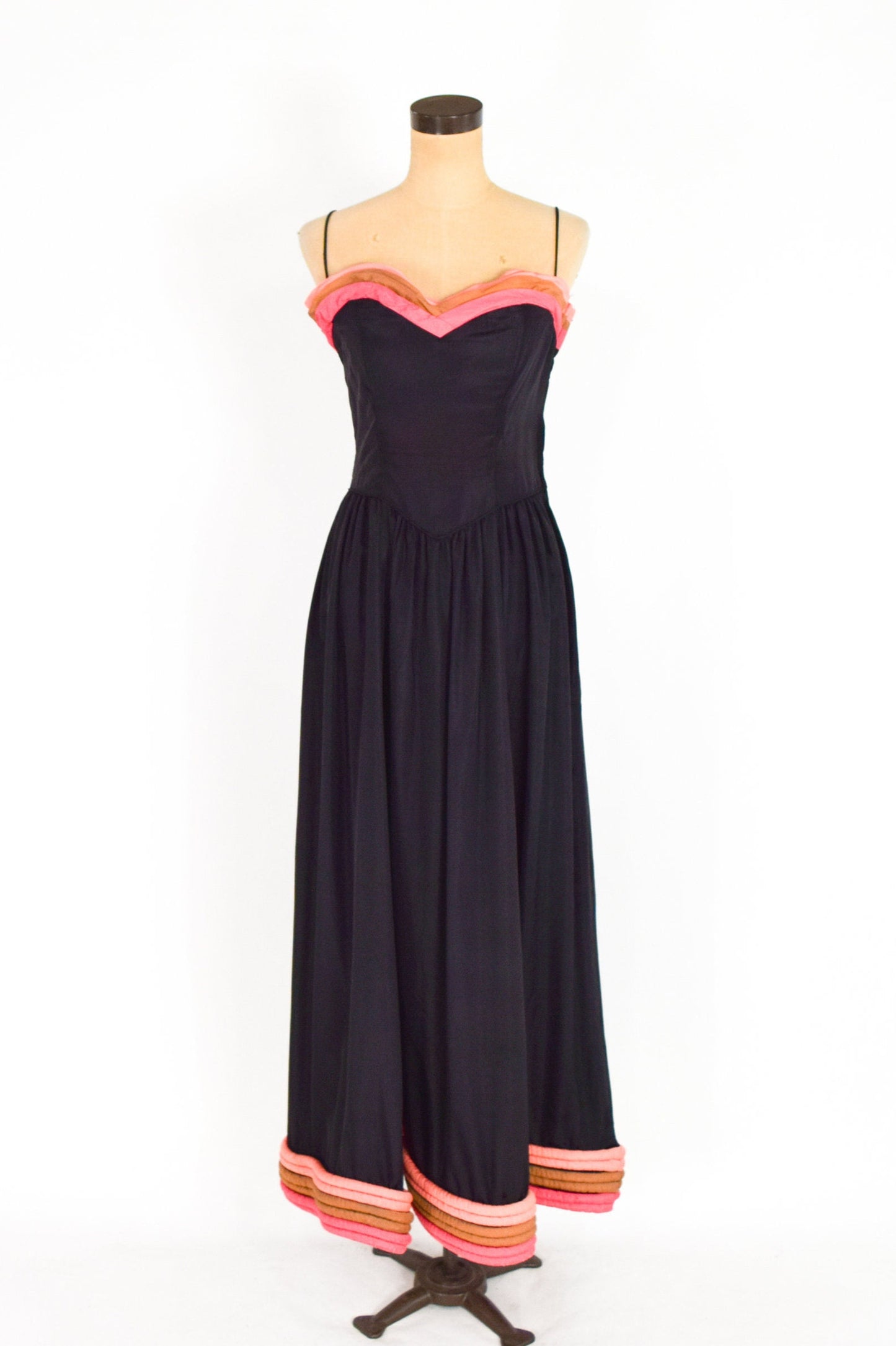1940s Black Evening Gown  | 40s Black Taffeta Formal Dress | Stripe Trapunto Trim | Old Hollywood | Medium