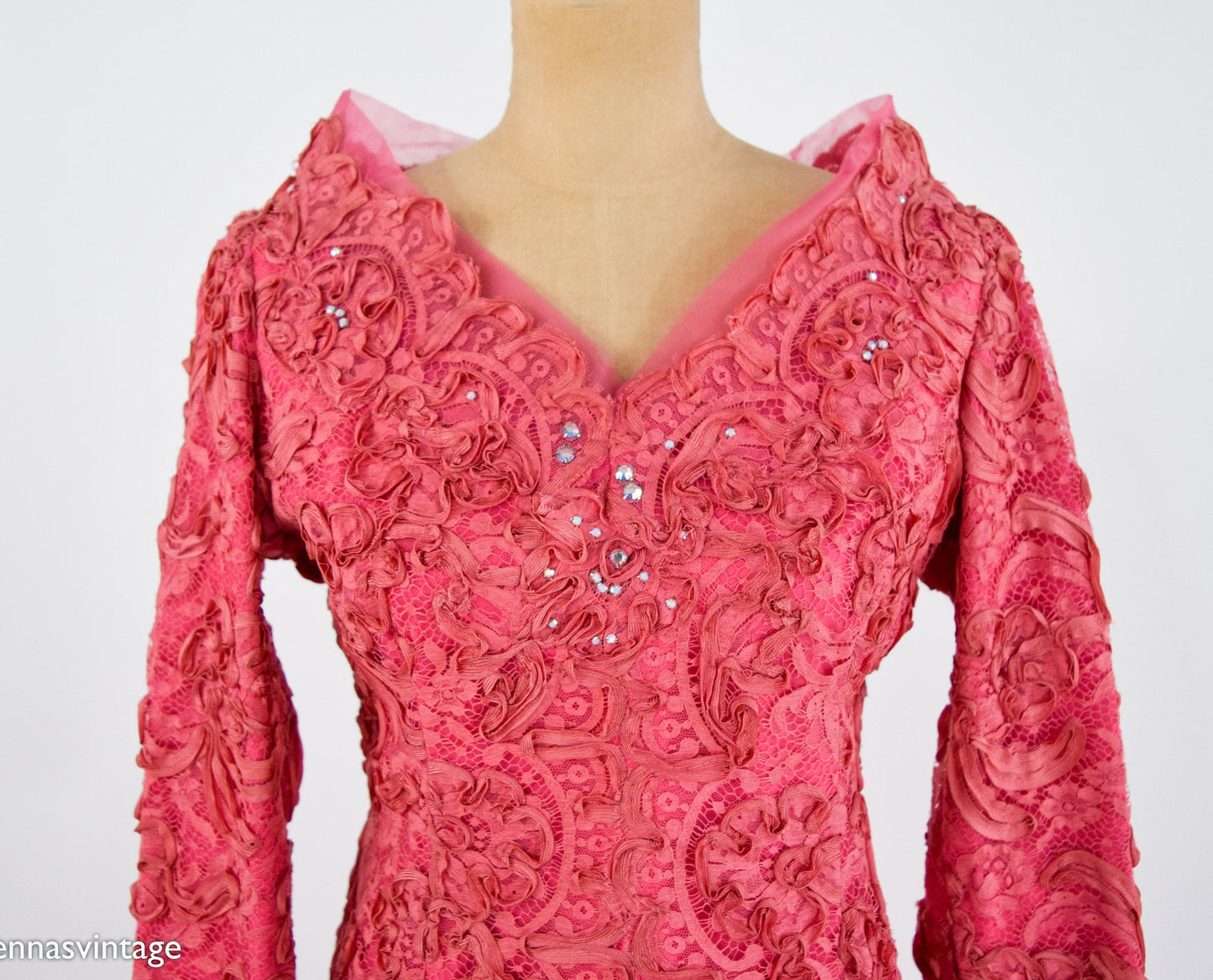 1940s Coral Pink Lace & Rhinestone Evening Gown | 40s Pink Soutache Lace Rhinestone Dress | Old Hollywood | Medium