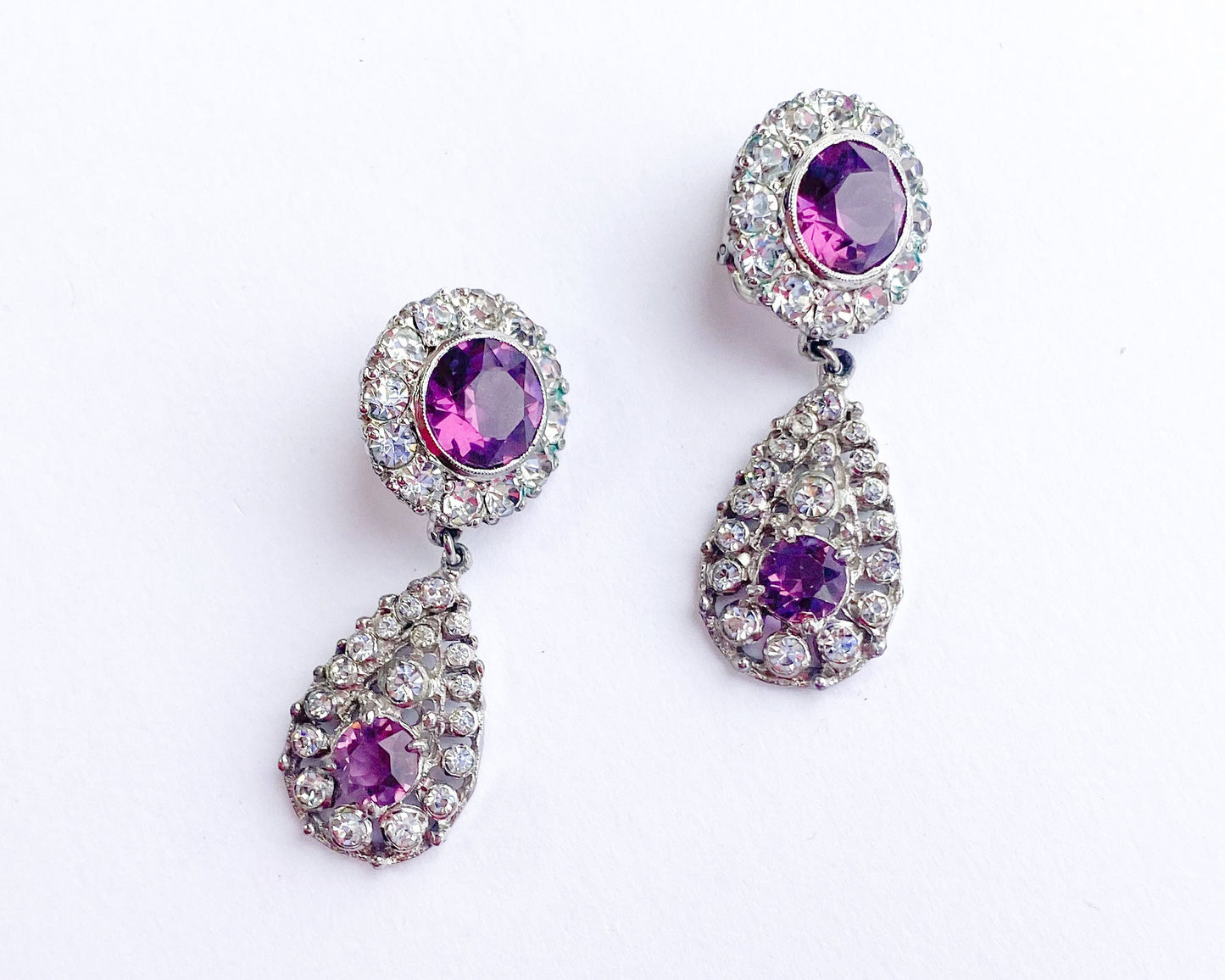1960s Purple Rhinestone Dangle Earrings | 60s Purple & Rhinestone Drop Earrings