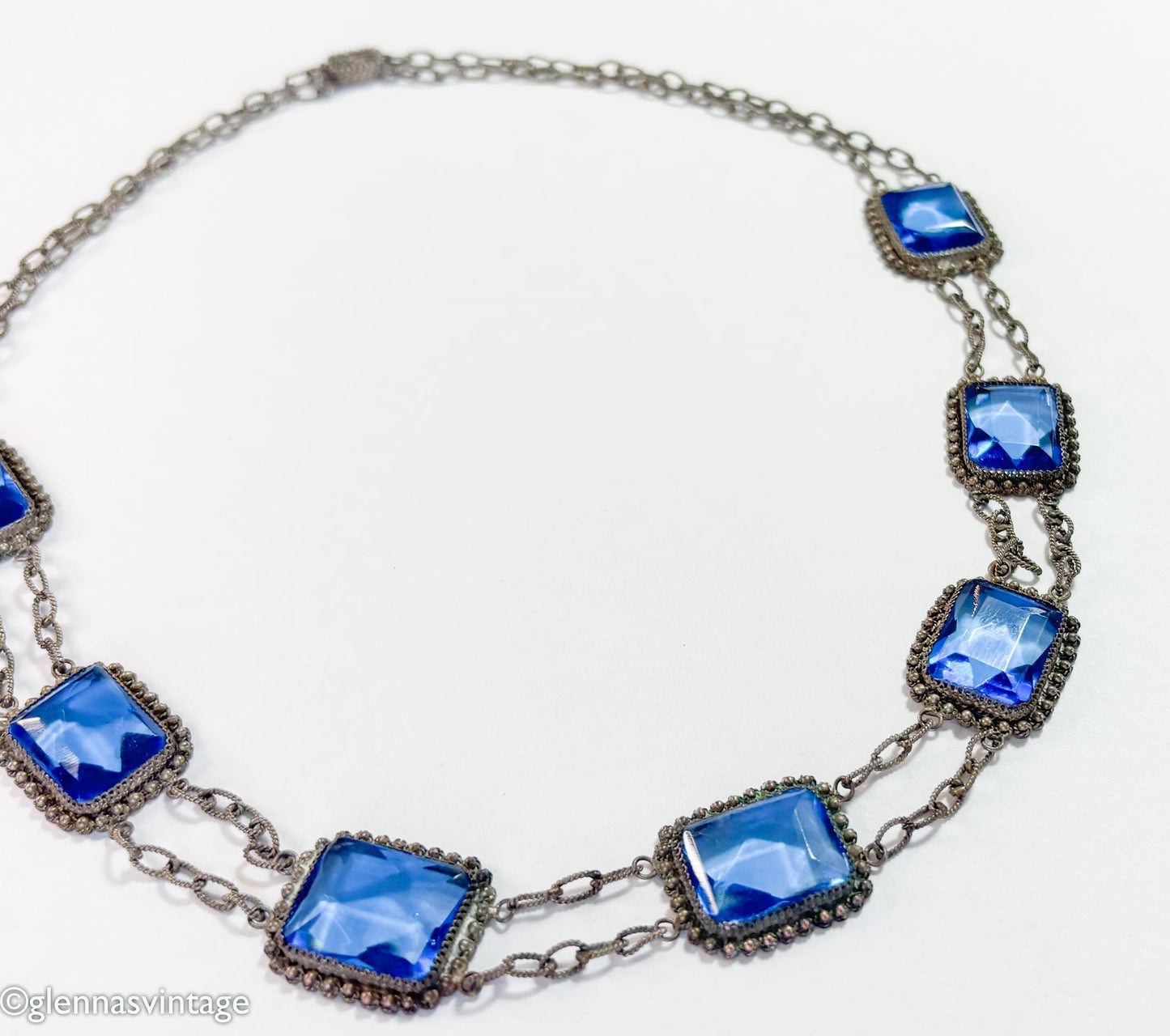 1900s Edwardian Blue Glass & Filigree Rectangle Necklace