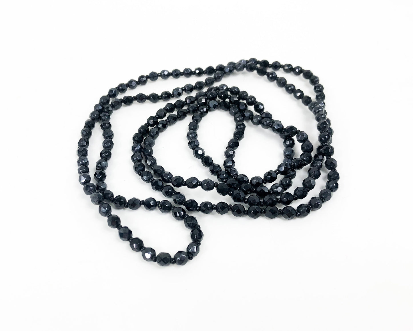 1960s Glass Beaded Necklace | 60s Black Faceted Glass Bead Rope