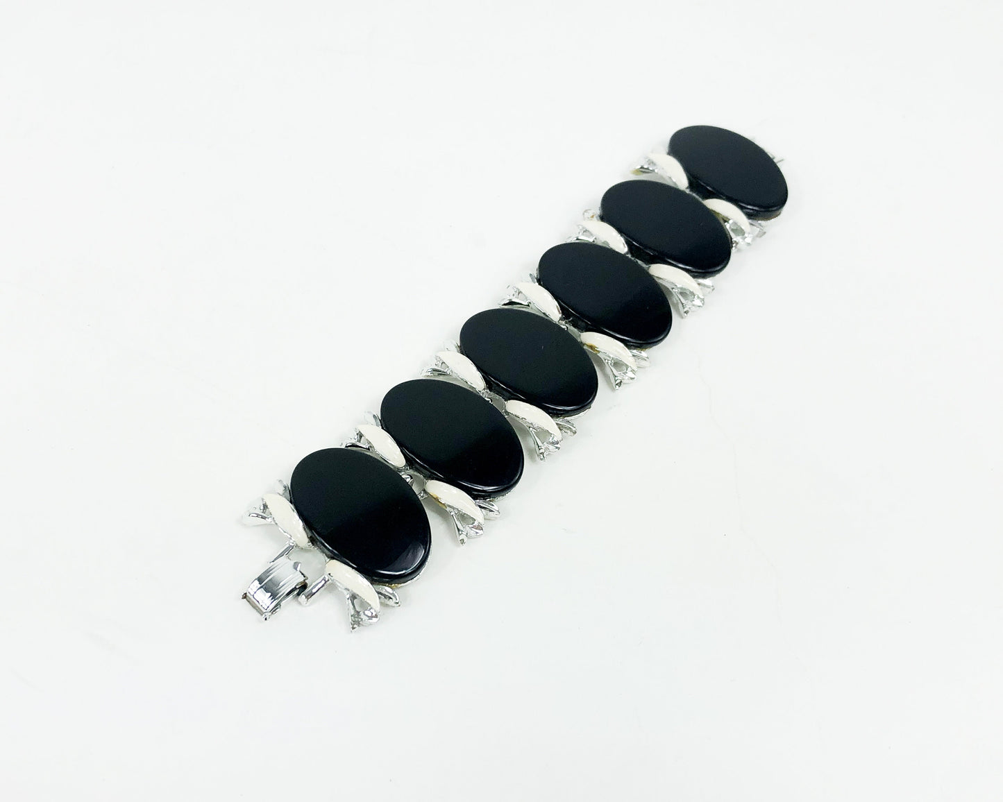 1960s Black Plastic Link Bracelet | 60s Black Ovals Lucite Bracelet | Black Link Bracelet