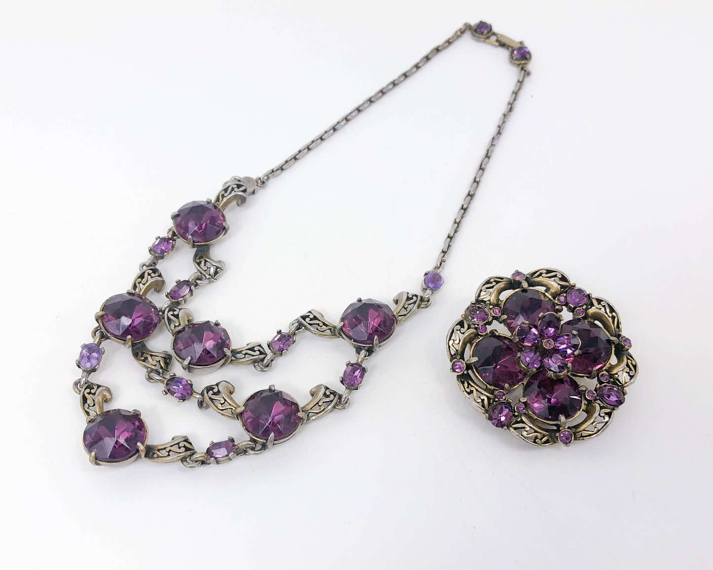 Hollycraft 1950s Amethyst Necklace Brooch Set | Purple Necklace & Trembler Pin