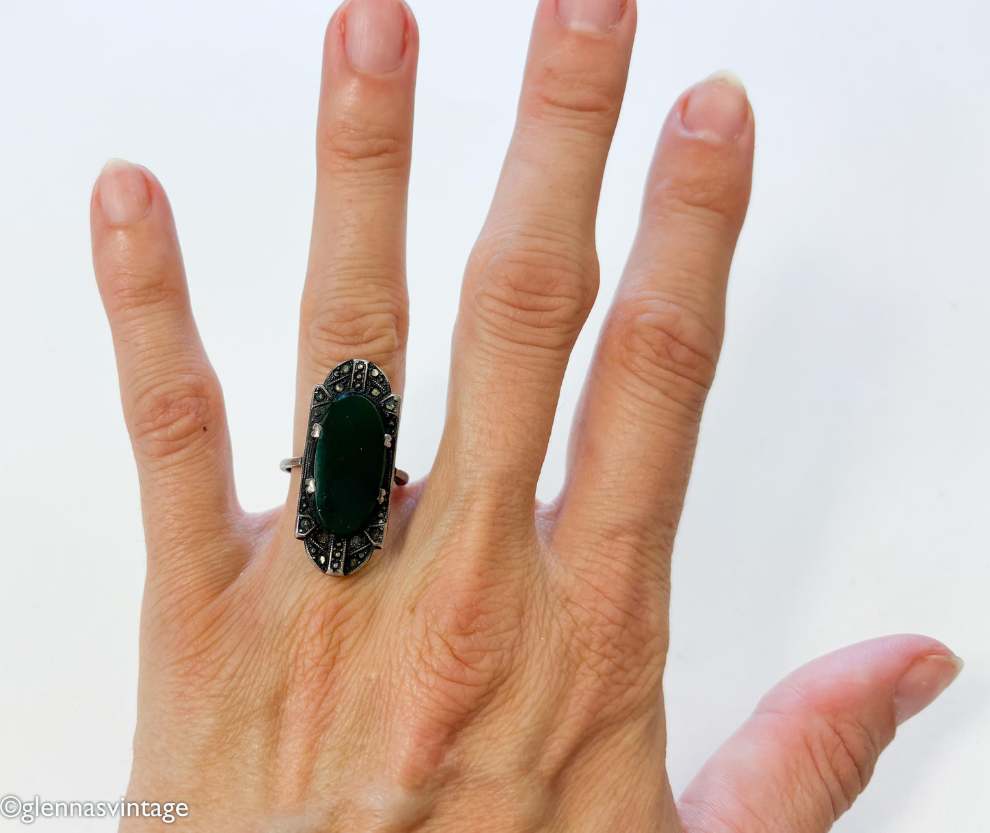 1930s Art Deco Green Onyx Sterling Silver Marcasite Ring, Size 5 3/4
