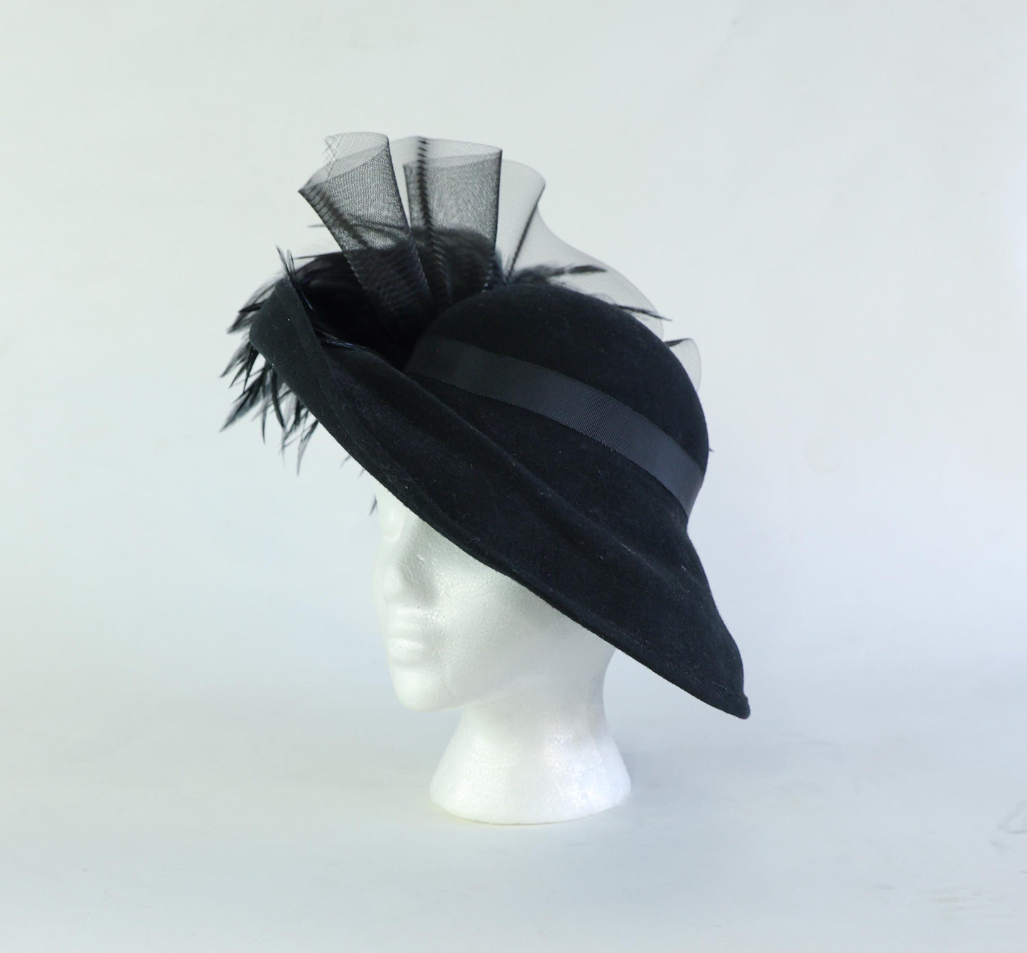 1980s Black Wide Brim Feather Hat
