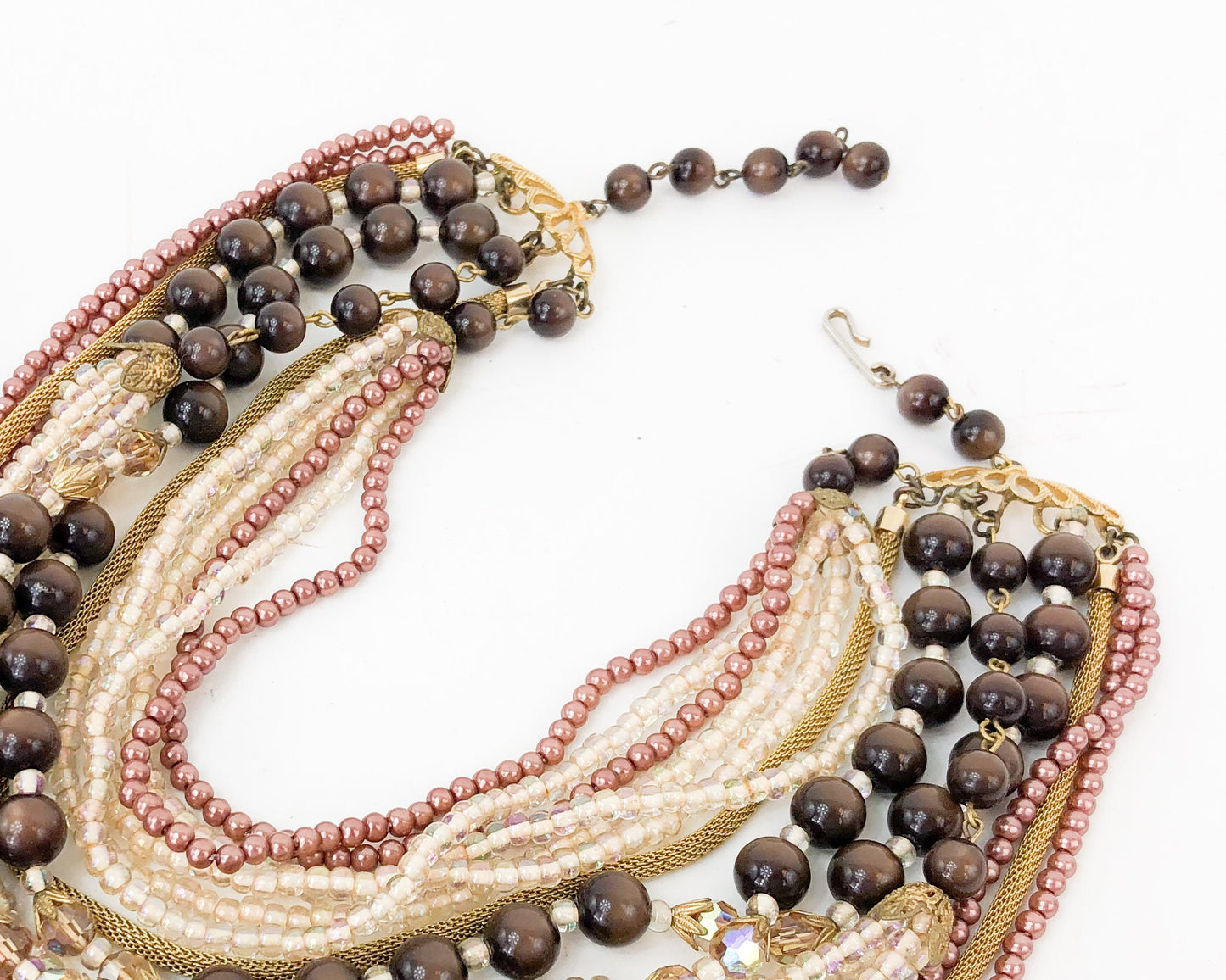 1950s Brown Evening Necklace & Earrings | 50s Gold Brown Multi-Strand Necklace Jewelry Set
