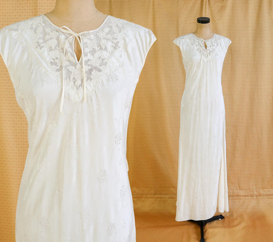 1940s Ivory Silk Nightgown, White Bias Cut Long Dress, Medium