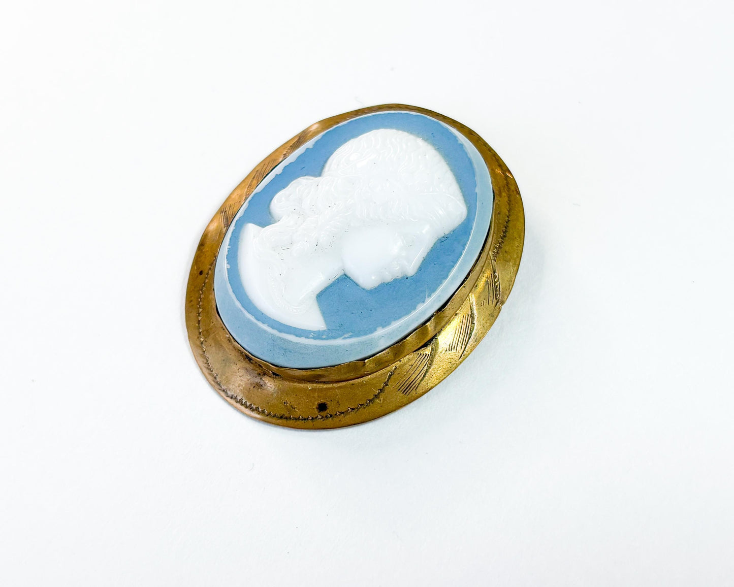 1930s Molded Glass Cameo with an Etched Brass Frame