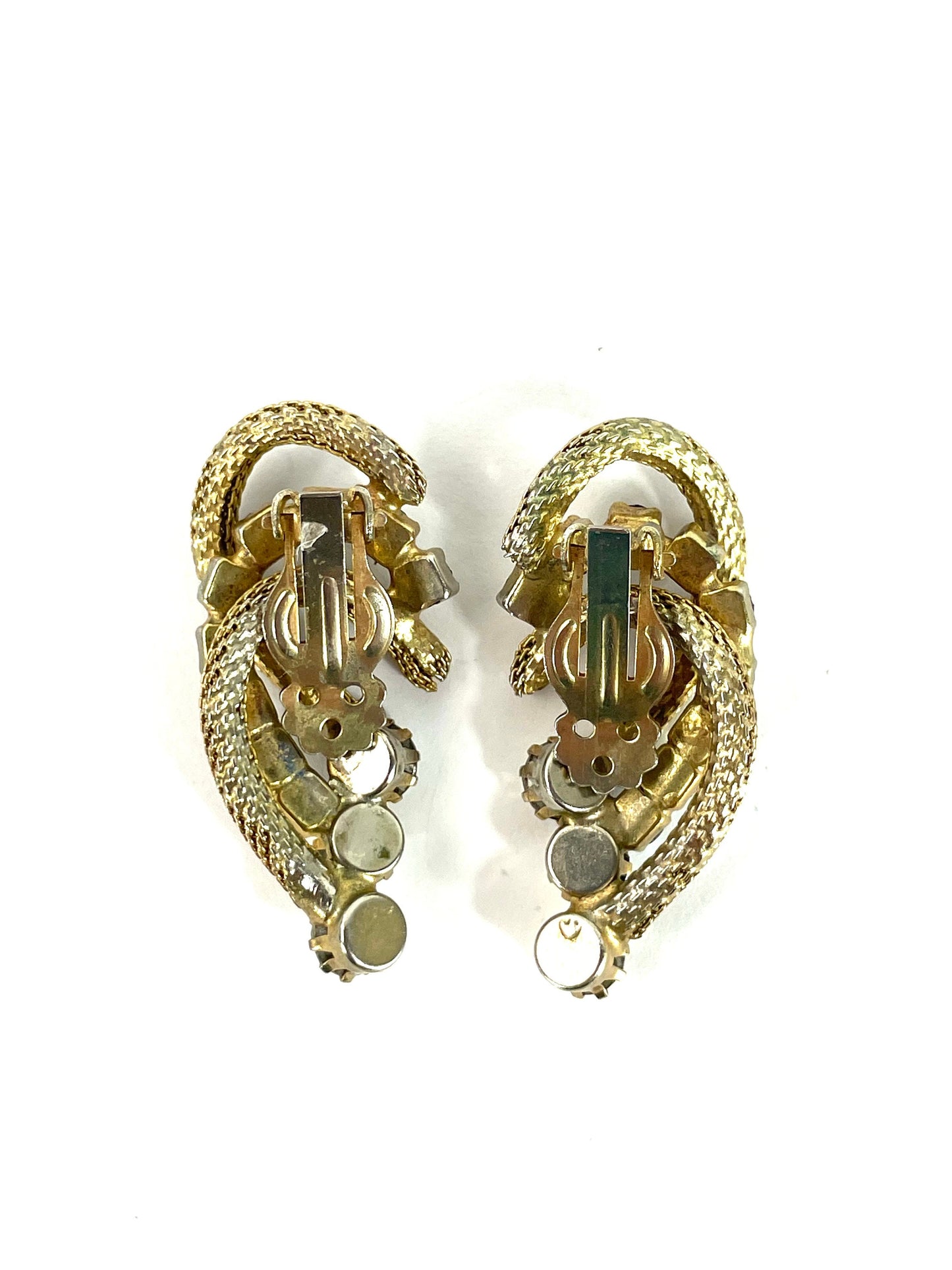 1950s Gold Mesh & Rhinestone Earrings | 50s Aurora Borealis Rhinestone Clip Earrings