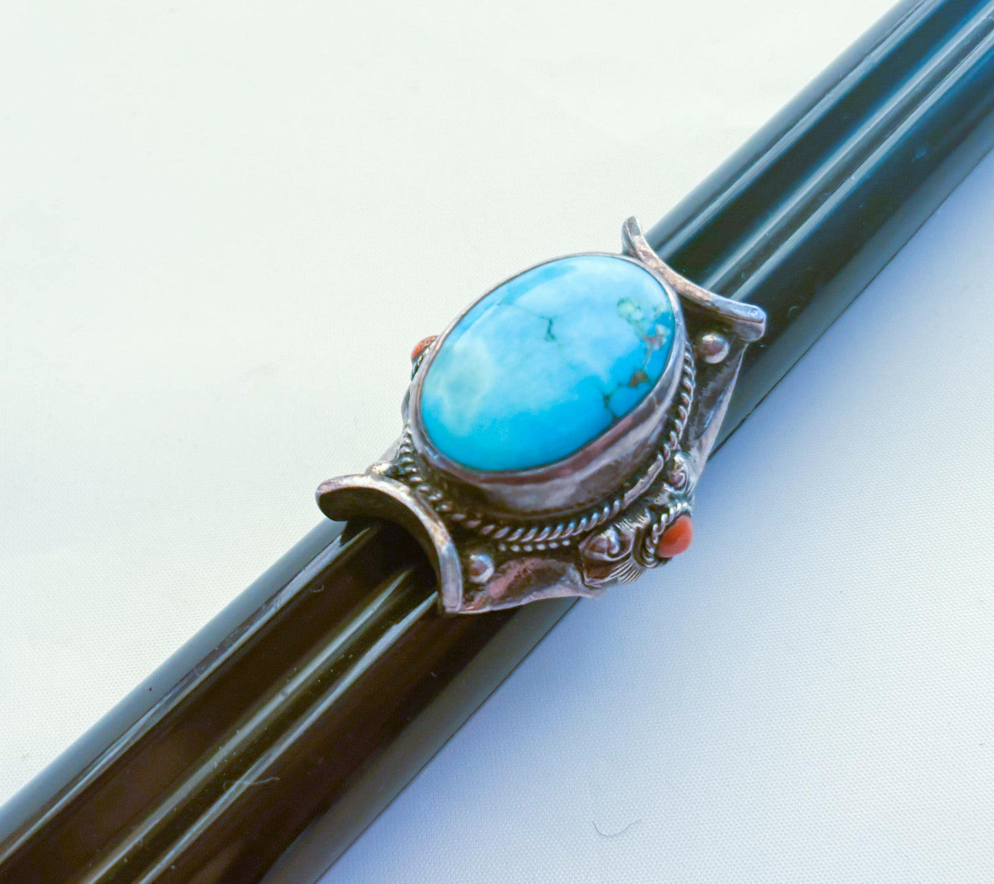 1940s Sterling Silver Turquoise Ring, Statement Large Silver Setting, Size 9