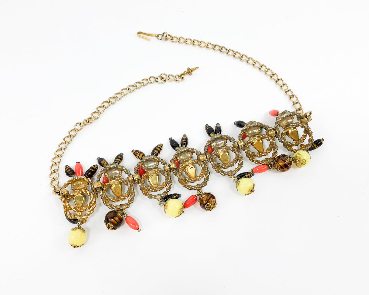 1940s Gold Rhinestone & Art Glass Necklace | 40s Gold Statement Necklace | Orange Yellow Glass Choker