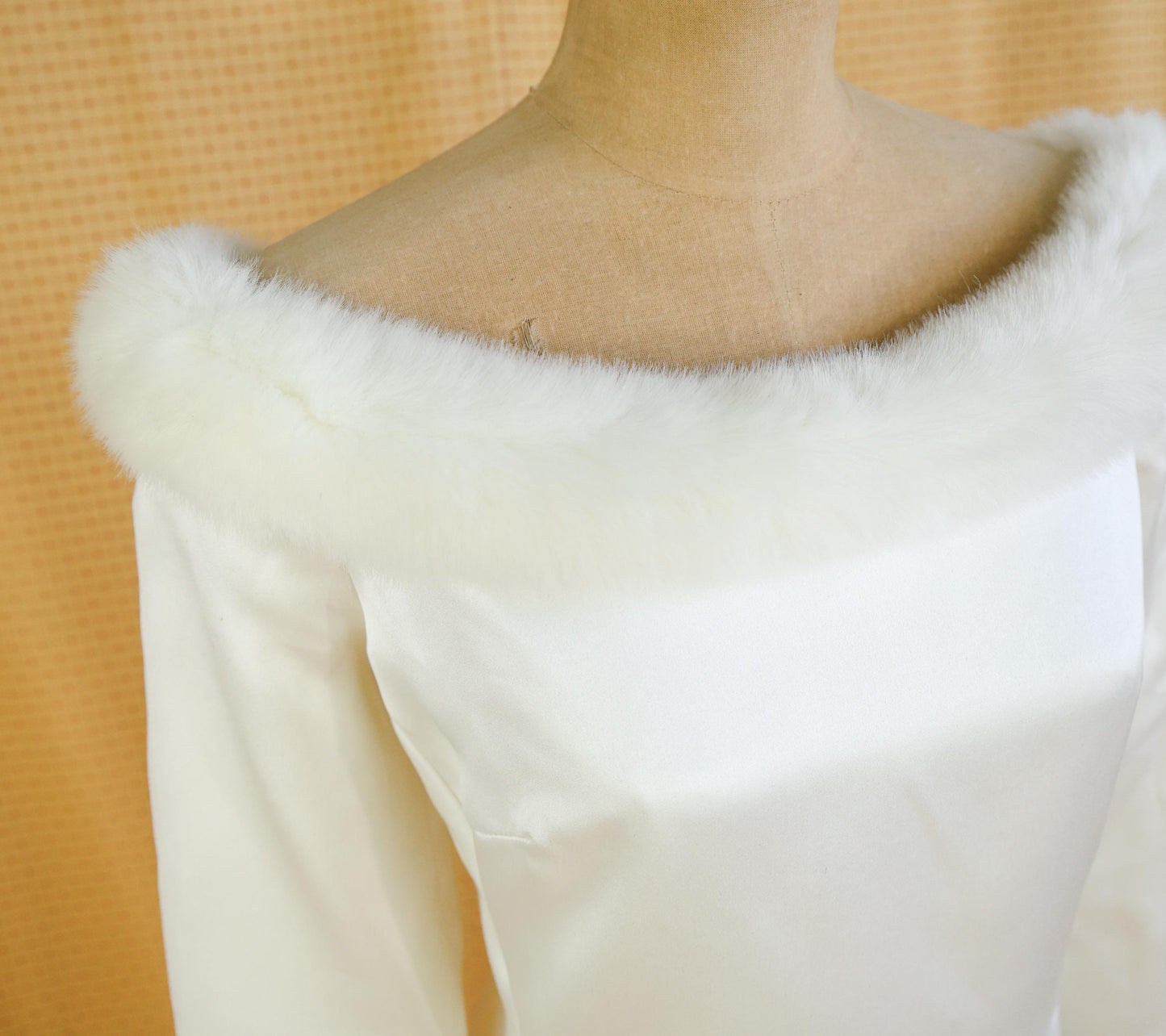 1980s Satin Wedding Dress with Faux Fur Trim, Large