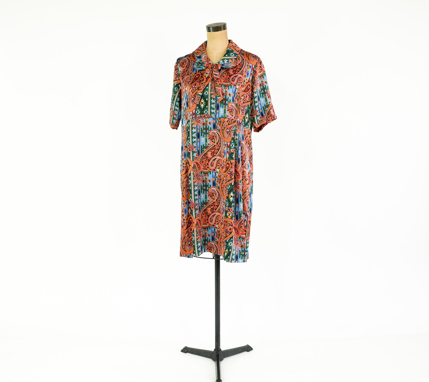 1960s Orange & Blue Paisley Print Dress, 38" Waist