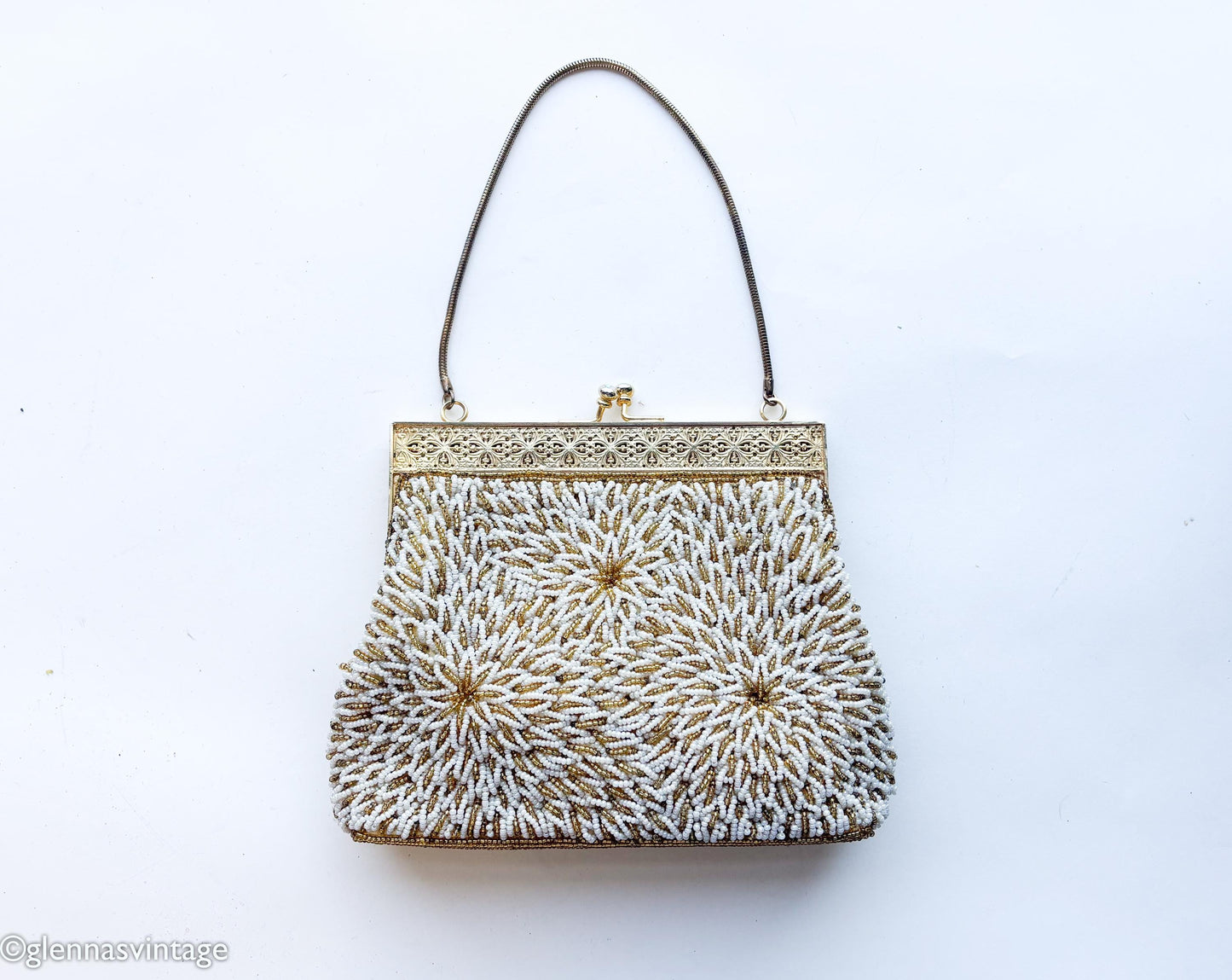 1950s White Gold Beaded Evening Bag