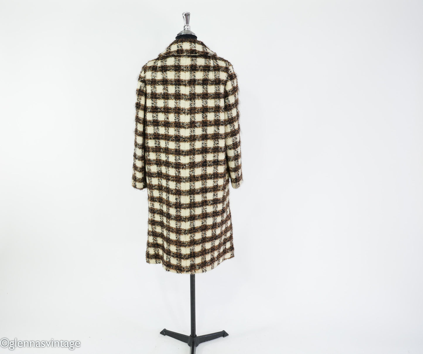 1960s Brown & Creme Plaid Wool Coat, Large