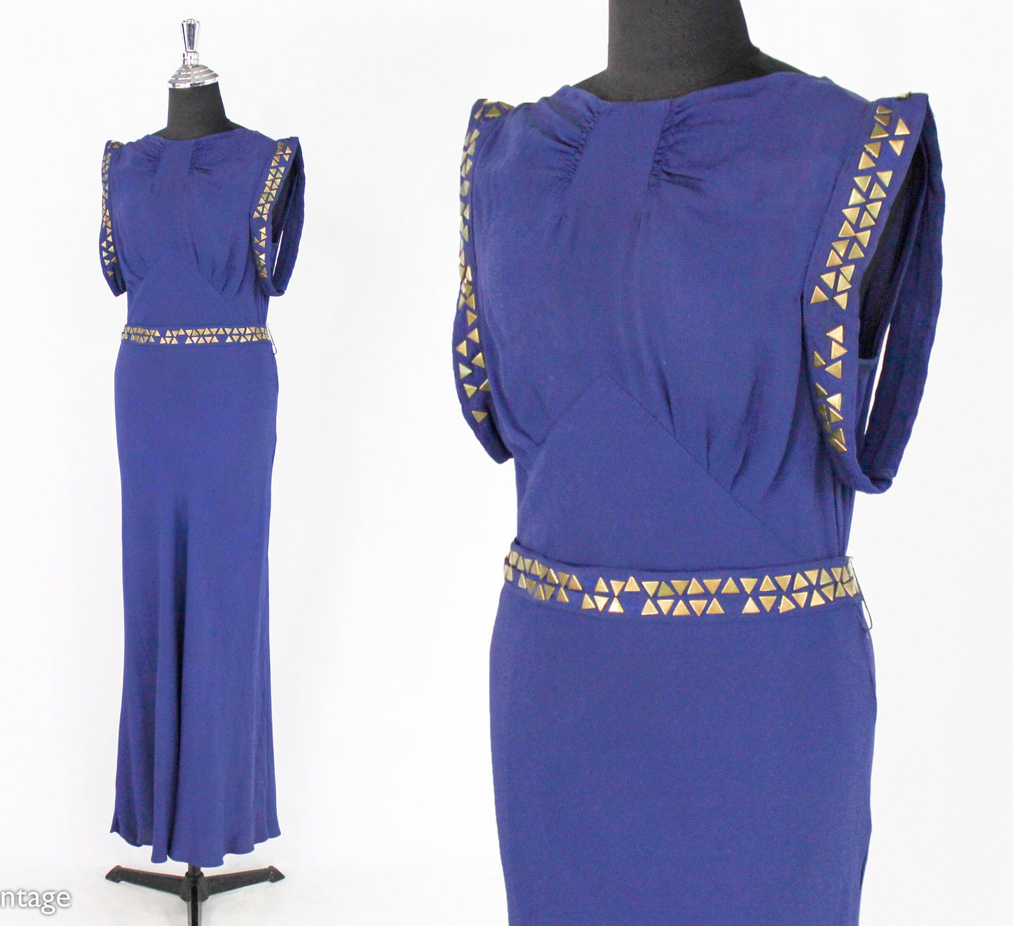 1930s Violet Purple Crepe Evening Dress, Grecian Style Brass Studded Gown, Medium