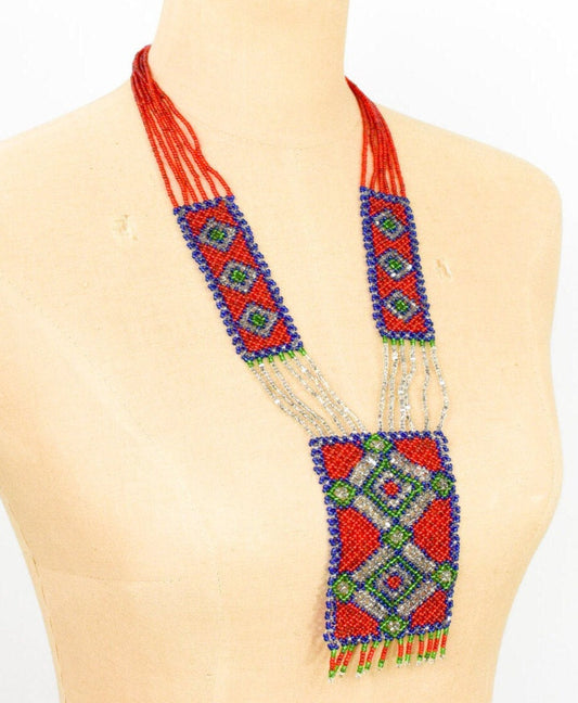 Vintage Beaded Bib Necklace, Colorful Geometric Statement Necklace