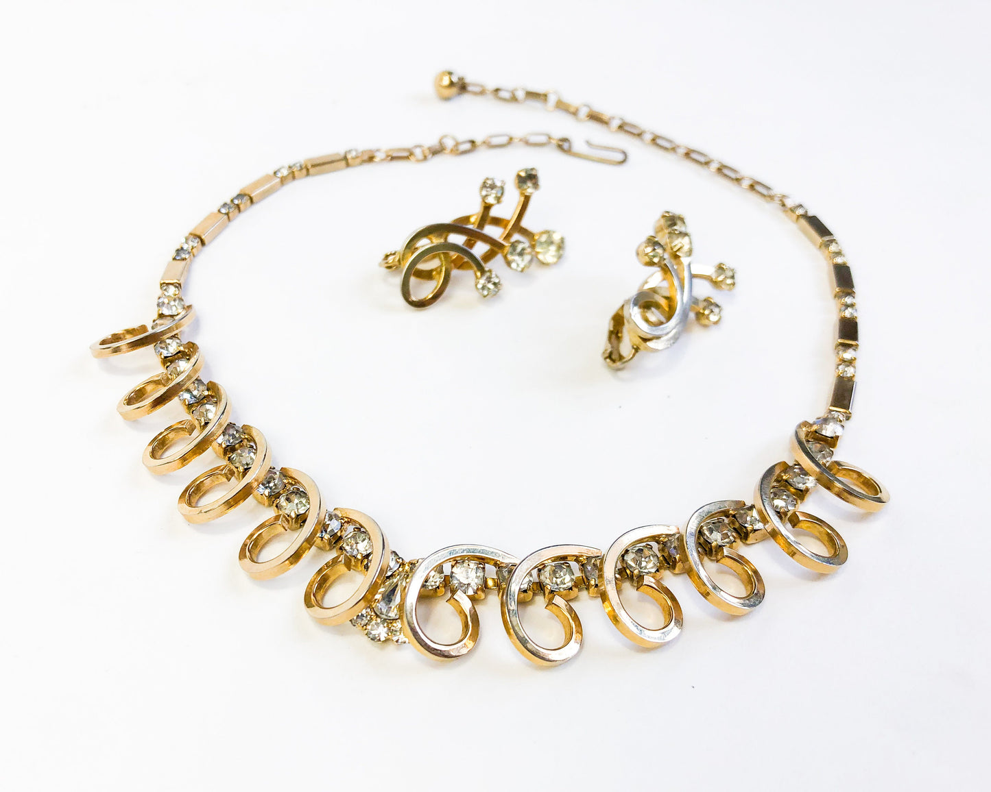 Vintage Gold Tone Rhinestone Necklace and Earrings Set, 1950s Jewelry