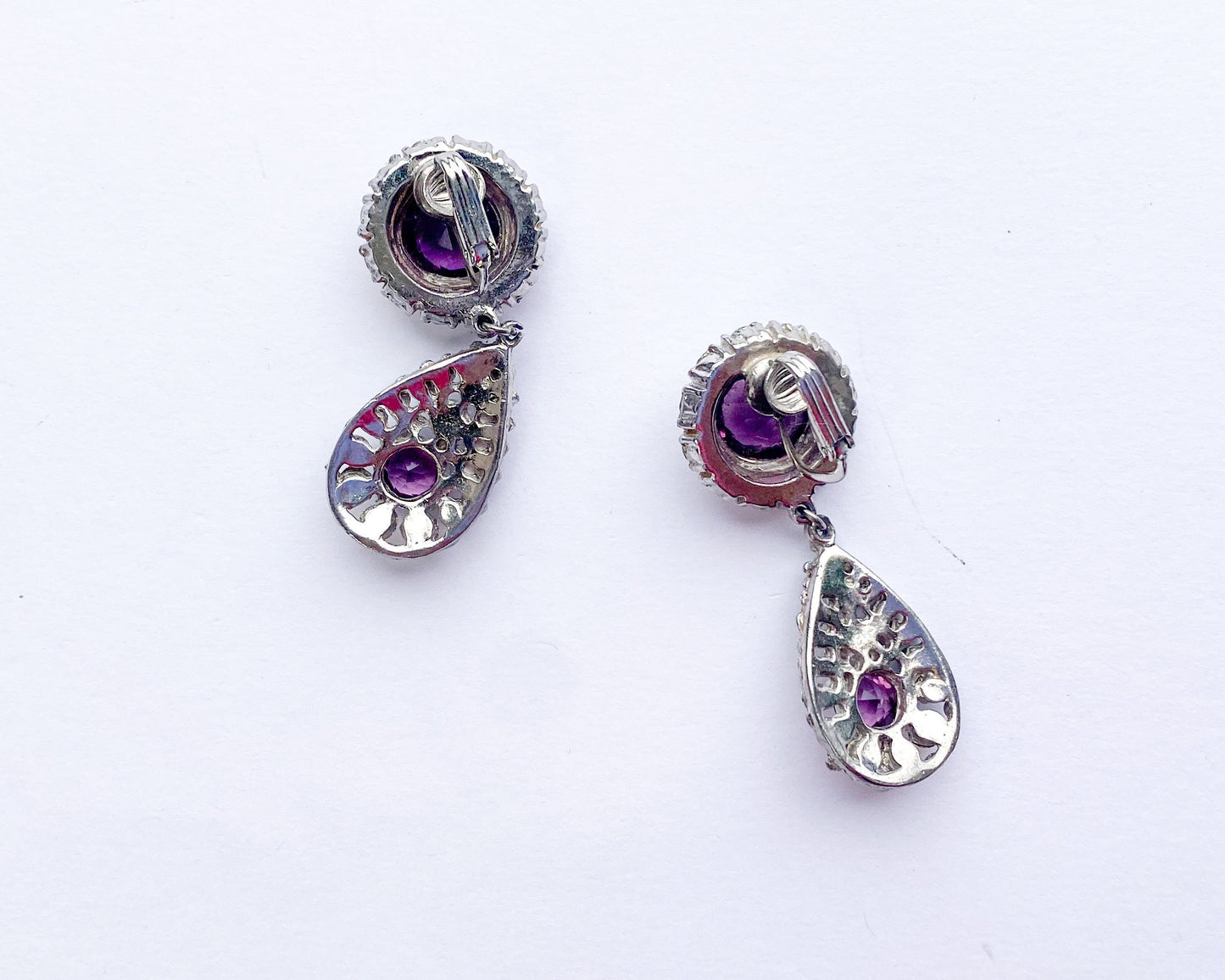 1960s Purple Rhinestone Dangle Earrings | 60s Purple & Rhinestone Drop Earrings