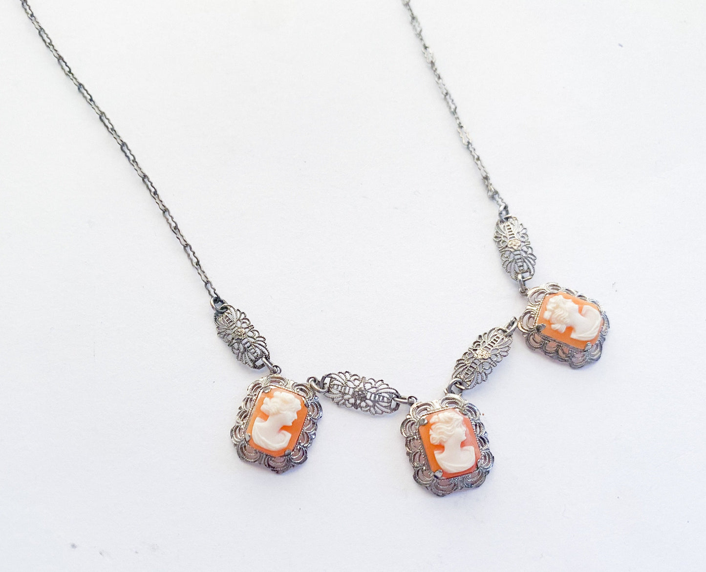 1920s Sterling Silver Cameo Necklace, Filigree Shell Cameos