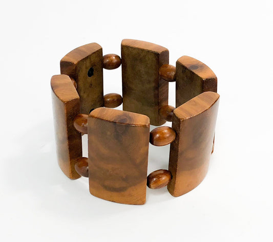 1950s Wood Link Bracelet | 50s Wooden Rectangles Bracelet | Wood Expansion Bracelet