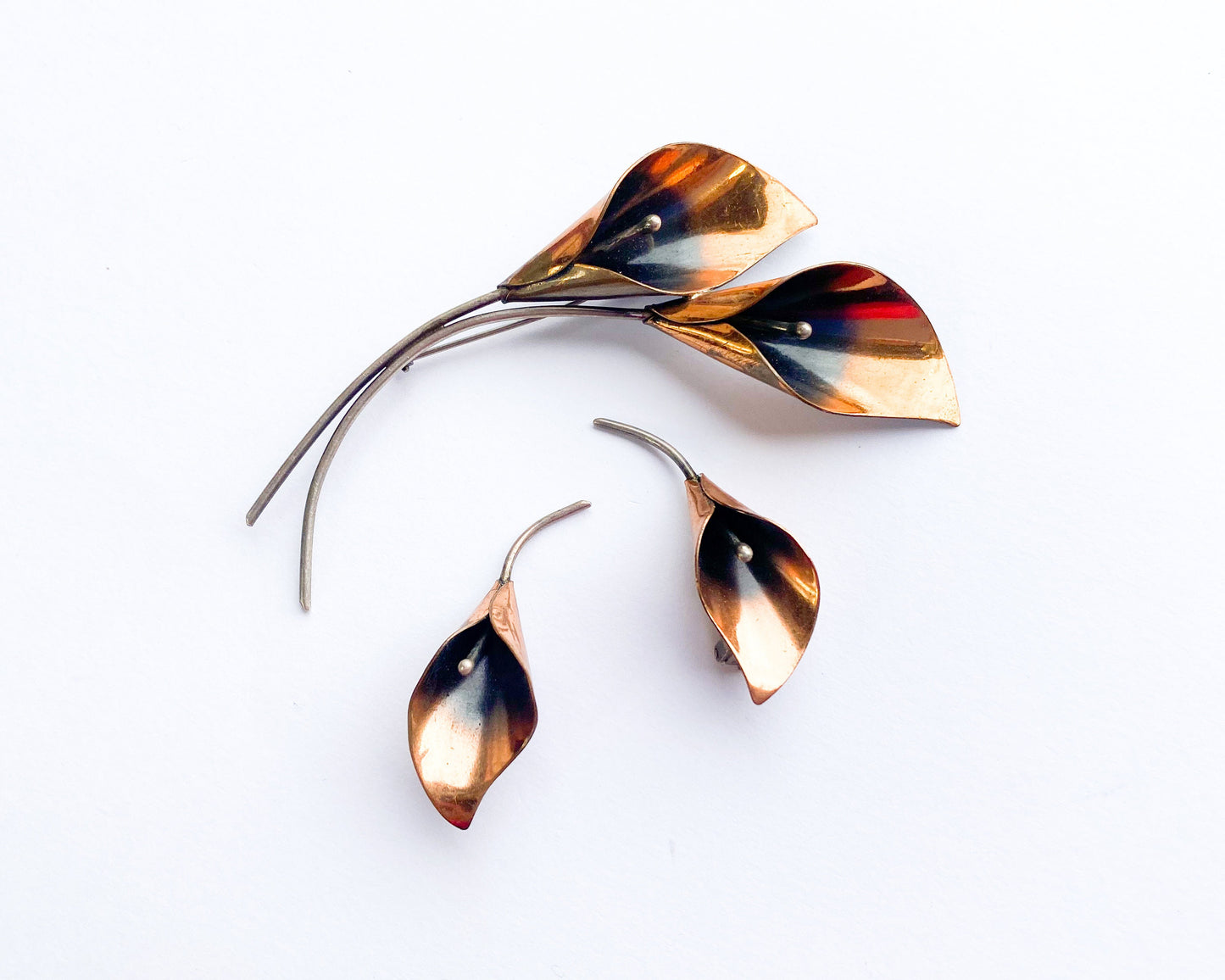 1950s Copper Flower Brooch & Earrings Set | 50s Copper Flower Pin Earring Set | Copper Flower Stems