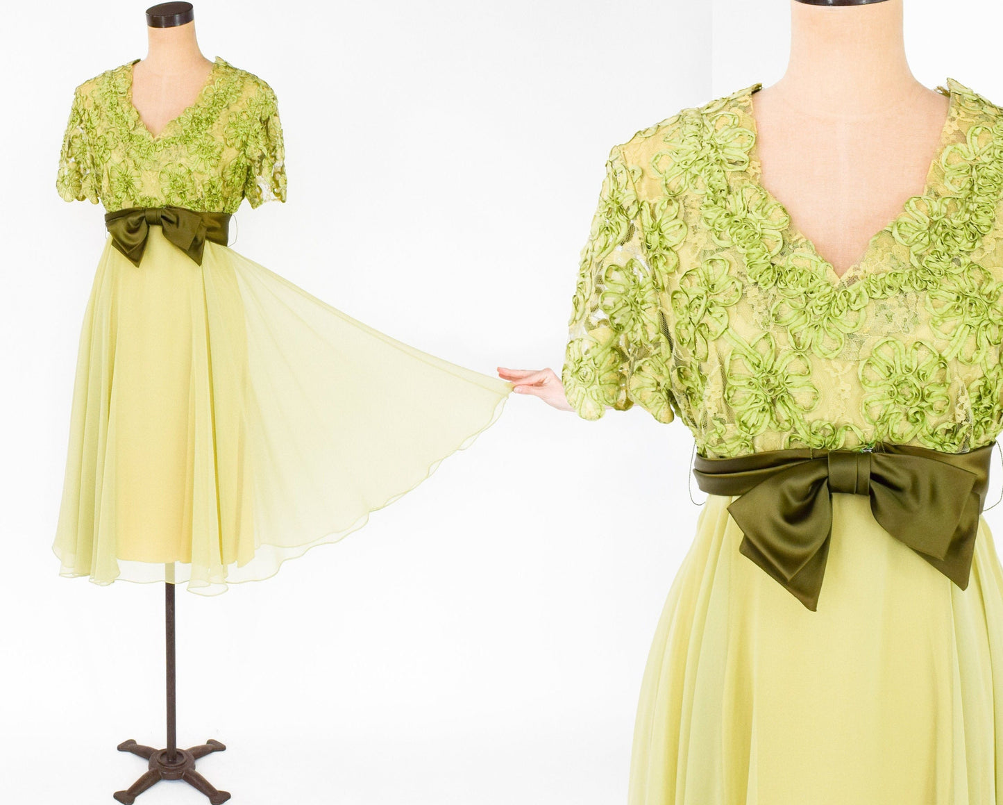 1950s Green Lace & Chiffon Party Dress,  Medium
