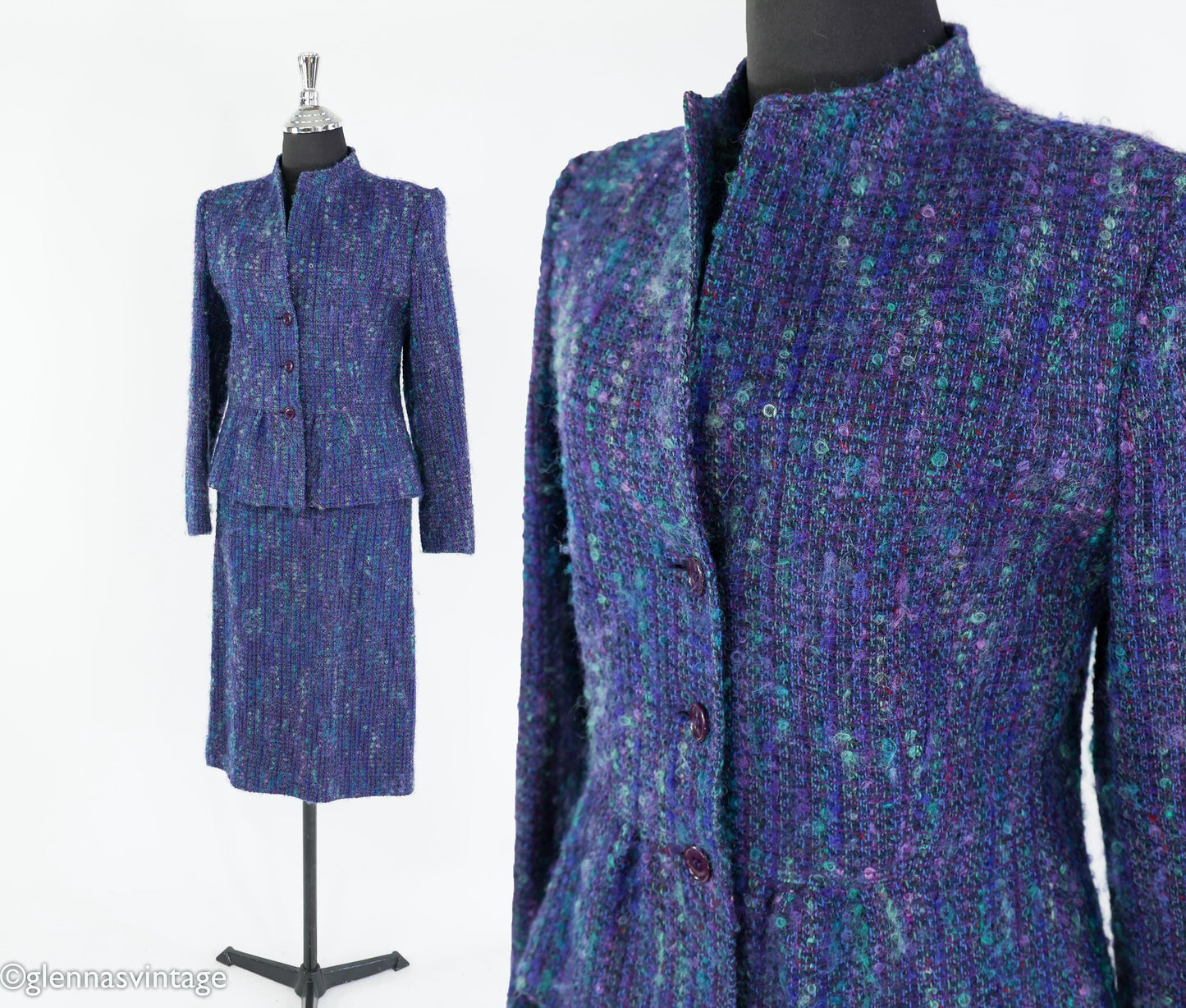 1960s Blue Purple Wool Suit | 60s Purple Wool Tweed Skirt Suit | Jim Baldwin | Medium