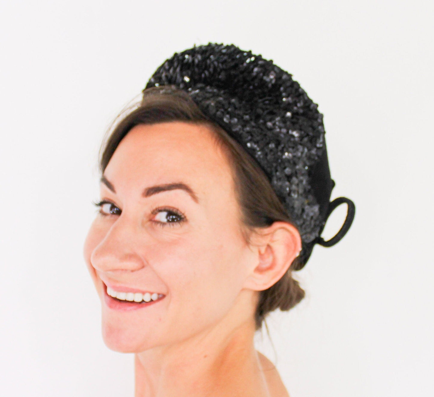 1940s Black Sequin Hat, Black Wool Felt Fascinator