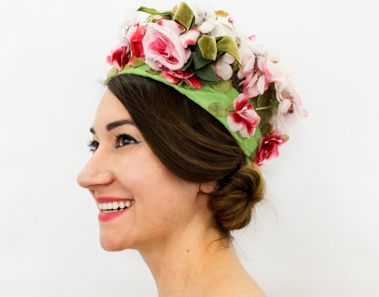 1960s Pink & Green Silk Flower Hat