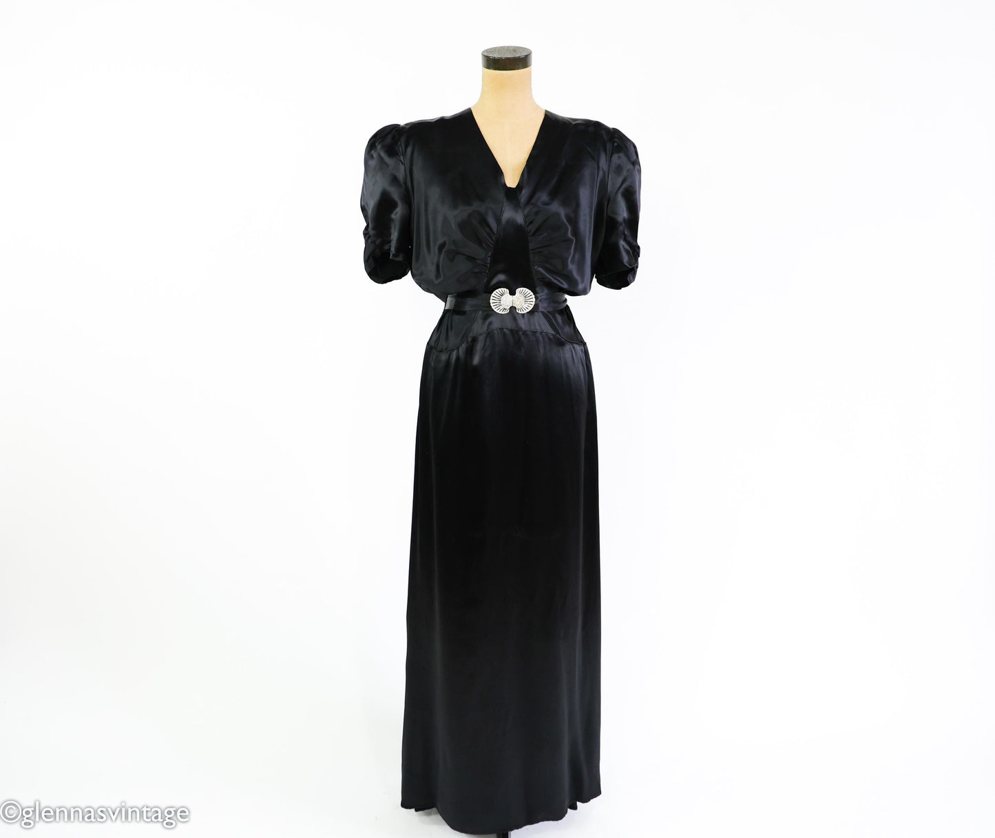 1930s Vintage Black Satin Evening Gown, Rhinestone Belt, Extra Large
