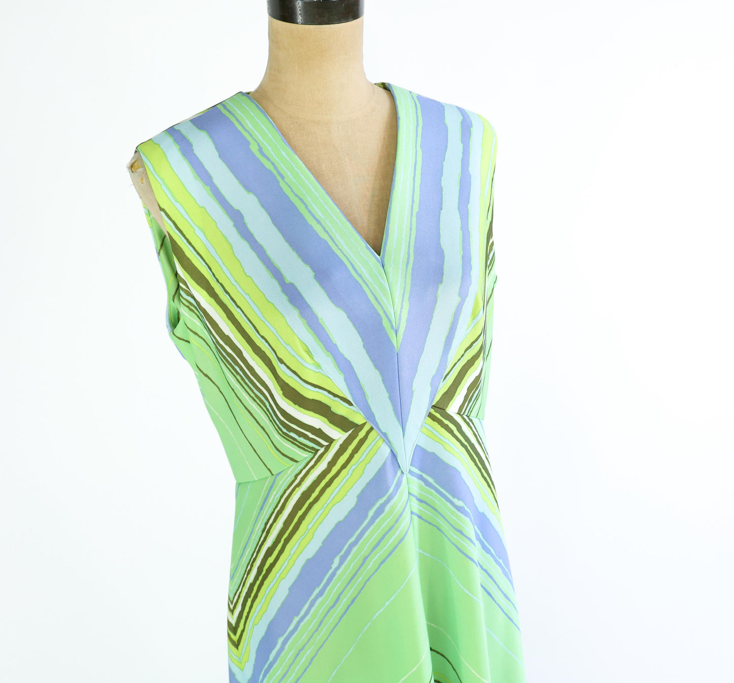 1970s Green & Blue Chevron Striped Maxi, 34" Waist
