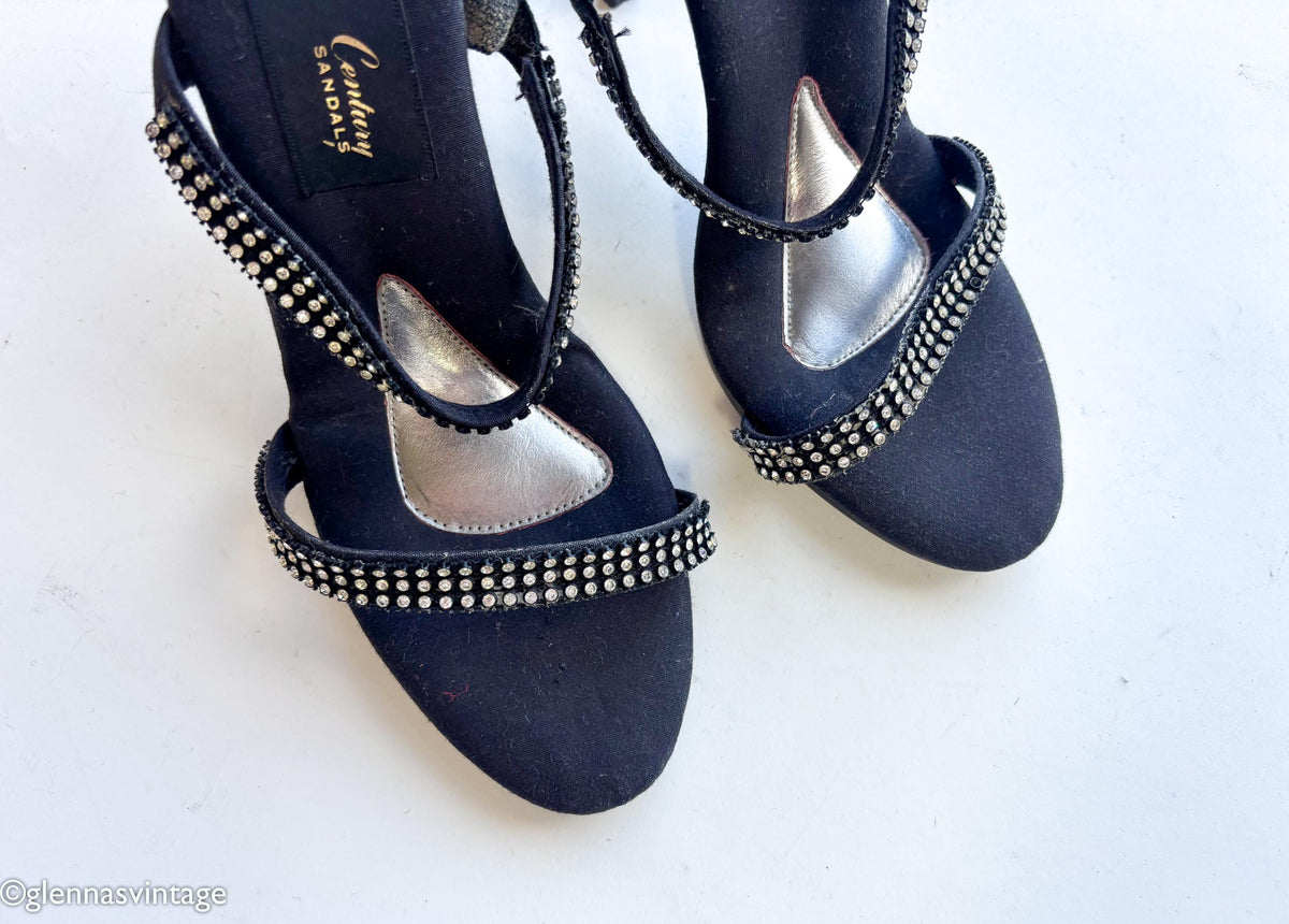 1950s Black Rhinestone Strappy Heels Sandals, US 8