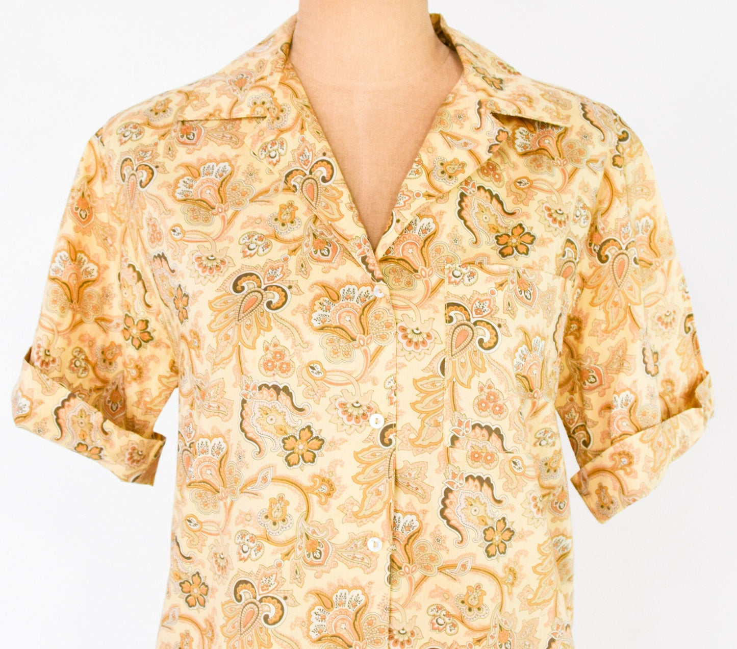 1980s Gold Floral Blouse & Skirt Set | 80s Gold Cotton Paisley Skirt Set | Gloria Sachs | Medium