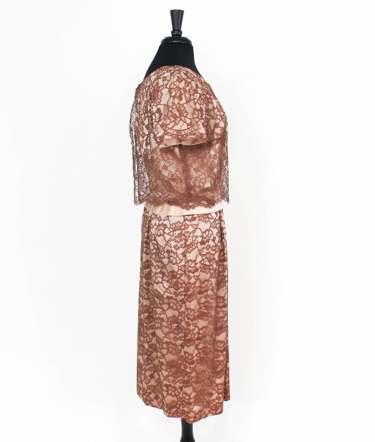 1950s Brown Lace Evening Dress |  50s Brown Lace & Satin Cocktail Dress | A DuBarry Fashion | Large