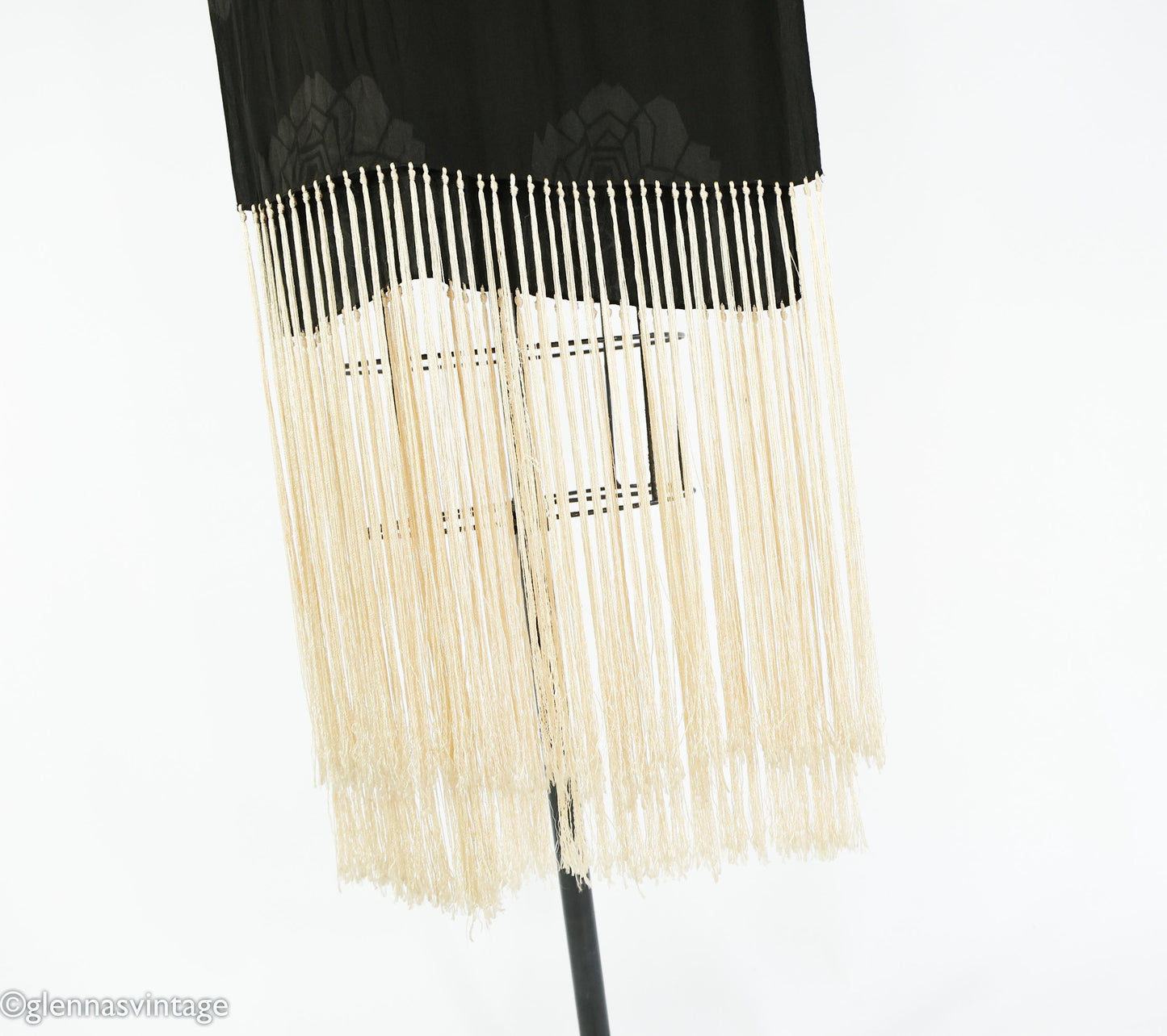 1920s Black Silk Scarf with Long Creme Fringe