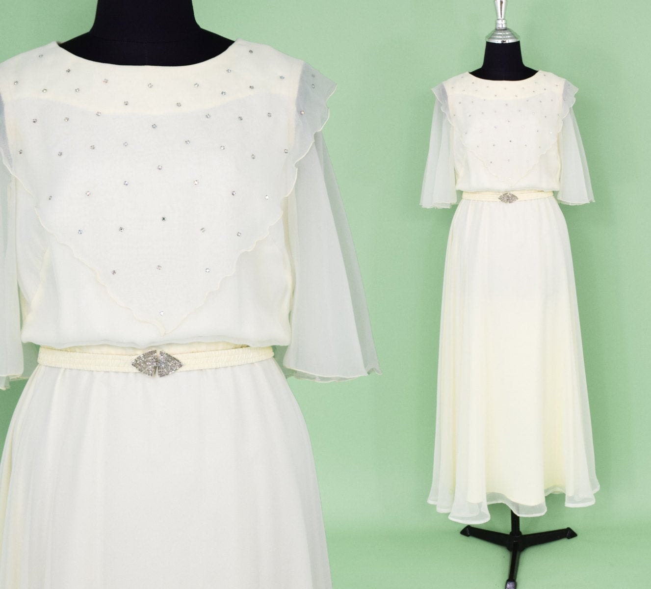 1970s Creme Maxi Dress | 70s Creme Rhinestone Studded Maxi l Boho Maxi Gown | Small